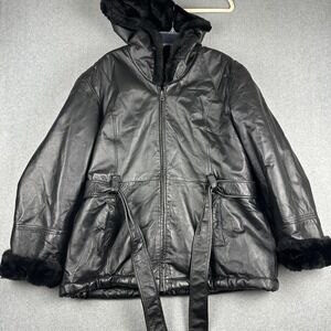 Pelle Studio Coat Womens XL Black Leather Hooded Faux Fur Lined Belted Parka
